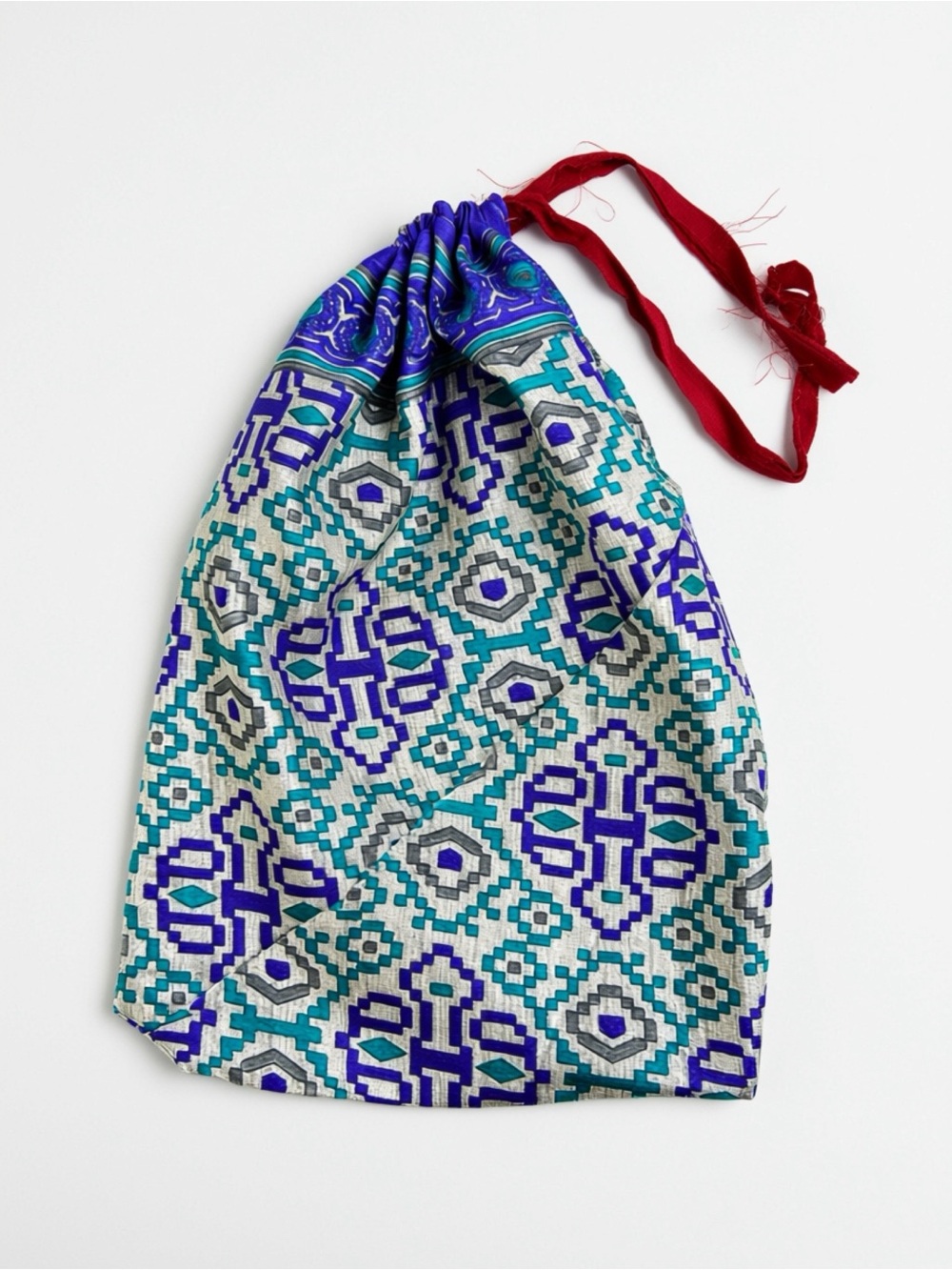Drawstring Patterned Tote Pouch in Teal & Blue - 9.5x12